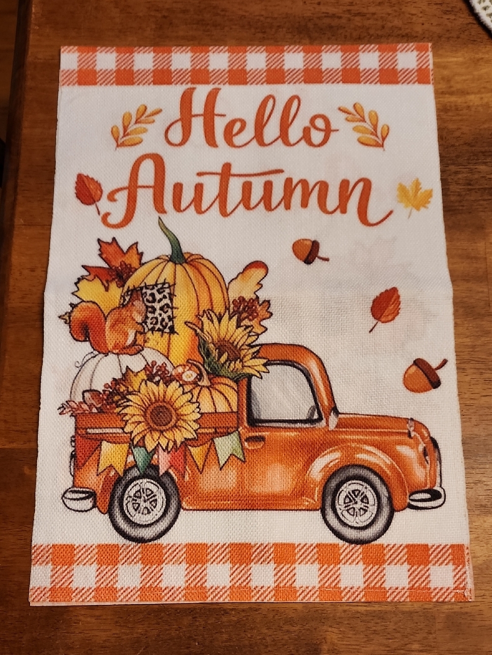 Hello Autumn Orange Pumpkin Truck Garden Flag